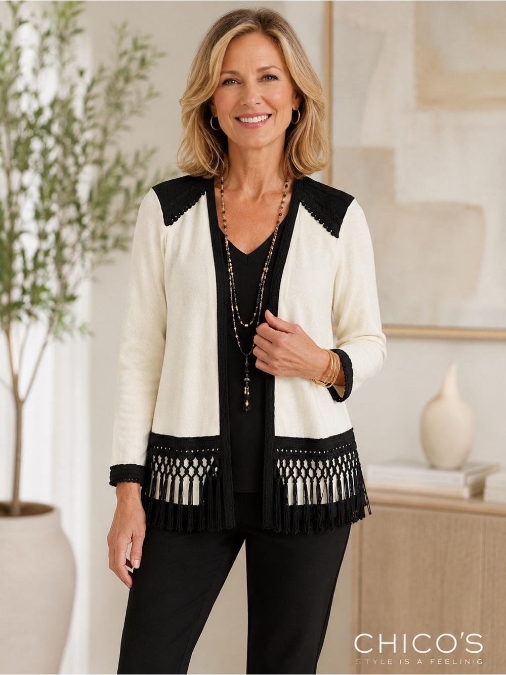 Chico’s Alma Fringe Cotton Cardigan Jacket L